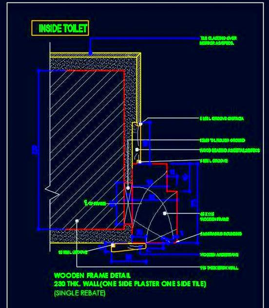 Door Frame AutoCAD Section 230 mm Wall, Single Rebate Detail